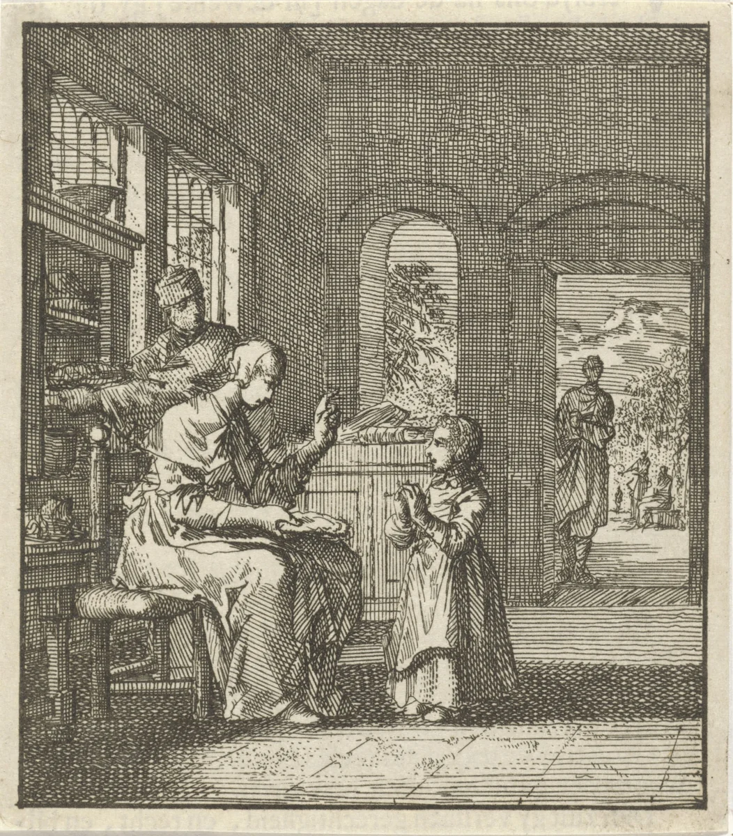 Moeder leert haar kind te bidden by Jan Luyken, print, 1712