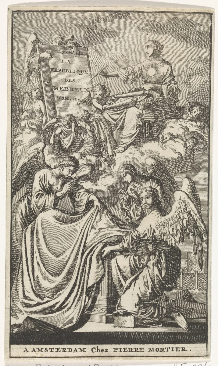 Allegorische vrouwenfiguur beschrijft in de wolken een paneel by Jan Luyken, print, 1705