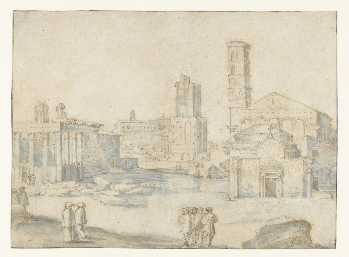 Gezicht op Forum Romanum met de tempel van Antonius en Faustina by anonymous, drawing, 1575-1585