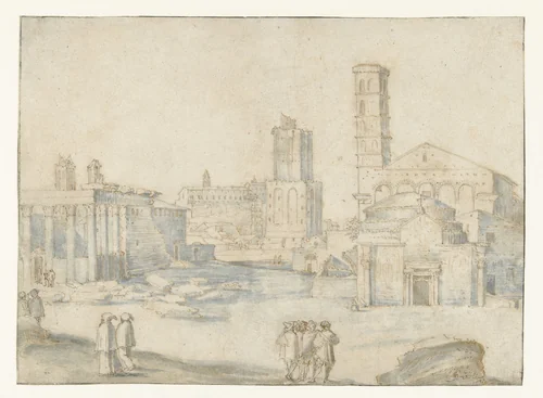 Gezicht op Forum Romanum met de tempel van Antonius en Faustina by anonymous, drawing, 1575-1585