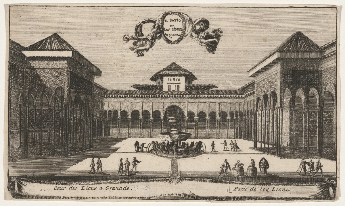 View into the Court of the Lions at the Alhambra by Louis Meunier, print, 1630-1660