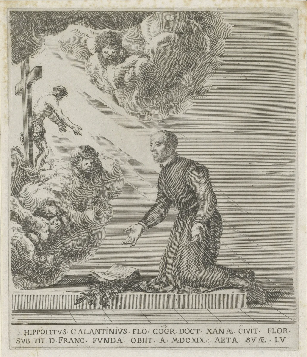 Hippolyte Galantin voor een crucifix by Stefano della Bella, print, 1620-1664