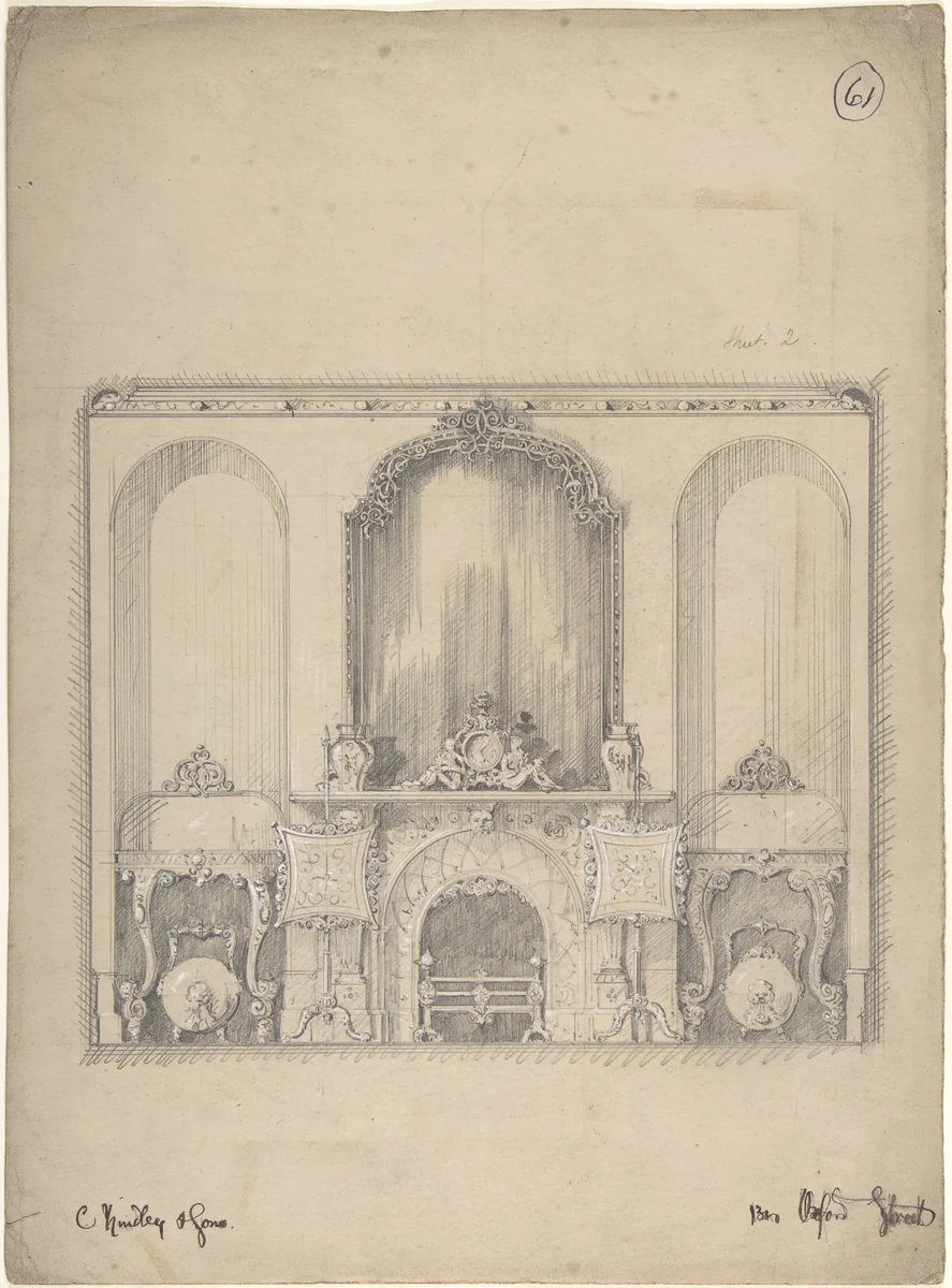 Design for a Wall with a Fireplace and Side Tables by Charles Hindley and Sons, drawing, 1841-1884