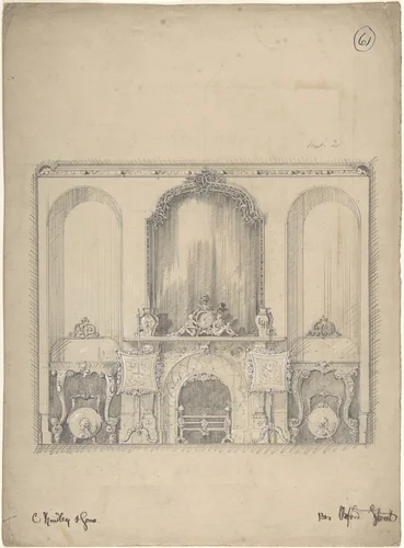 Design for a Wall with a Fireplace and Side Tables by Charles Hindley and Sons, drawing, 1841-1884