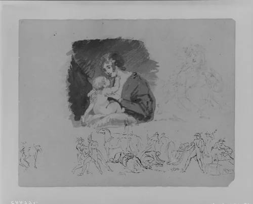Mother and Child; Portrait of a Woman, Battlefield Scene (from Sketchbook) by Thomas Sully, artwork, 1810-1820