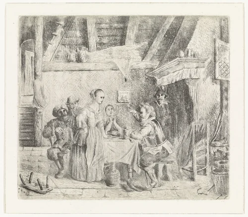 Man spreekt tot een gezelschap by Pieter Cornelis Nicolaas van de Poll, print, 1835-1882