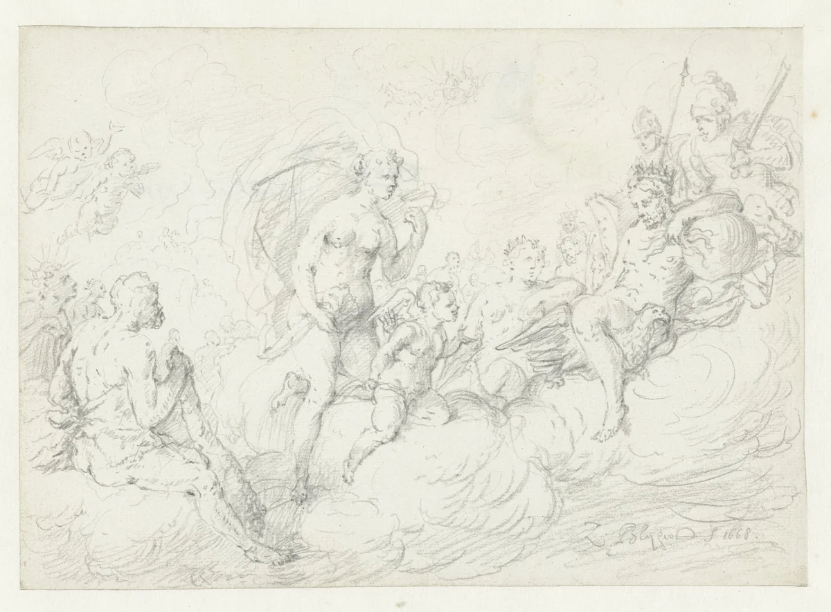 Cupido smeekt Jupiter om Psyche te mogen huwen by Zacharias Blijhooft, drawing, 1668