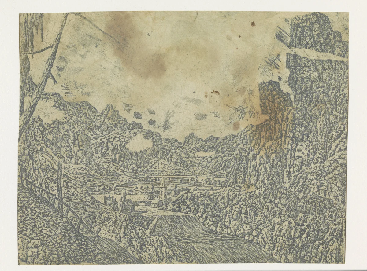 Landscape with a Waterfall, Second Version by Hercules Segers, print, 1625-1627