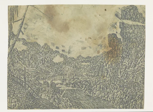 Landscape with a Waterfall, Second Version by Hercules Segers, print, 1625-1627