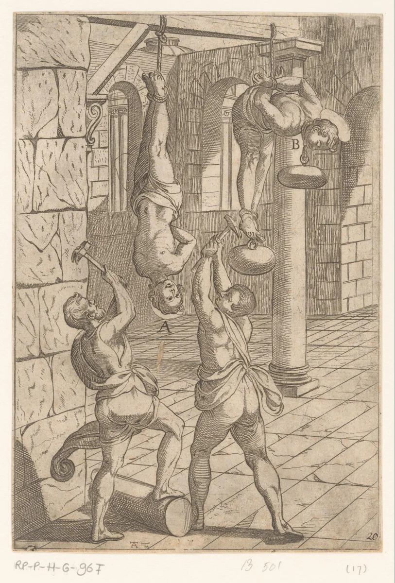 Foltering met hamers, hangend by Unknown, print, 1565-1630