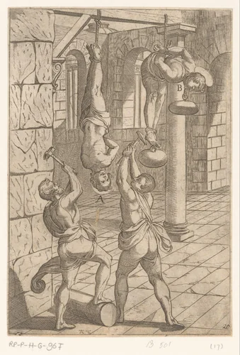 Foltering met hamers, hangend by Unknown, print, 1565-1630