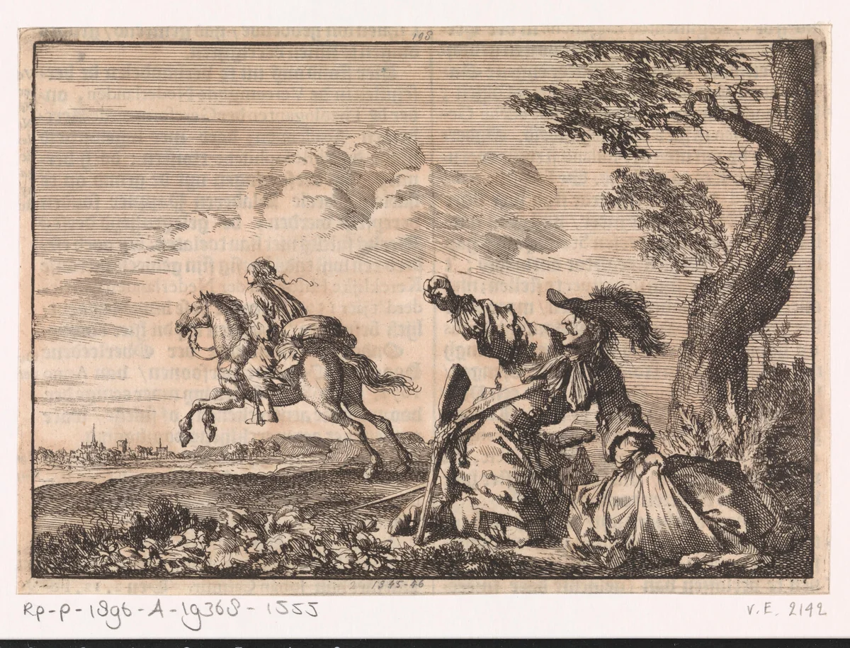 Spaanse ruiter heeft een vrouw beroofd die er op zijn paard vandoor gaat, 1687 by Jan Luyken, print, 1698