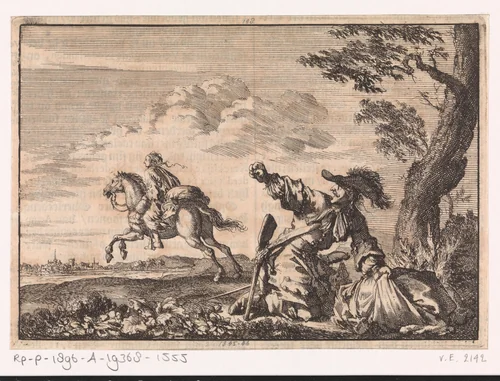 Spaanse ruiter heeft een vrouw beroofd die er op zijn paard vandoor gaat, 1687 by Jan Luyken, print, 1698