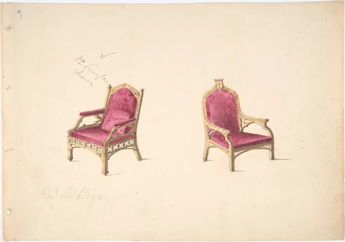 Design for Two Medieval Style Armchairs for "Rev. W. Lloyd" by anonymous, drawing, 1800-1850