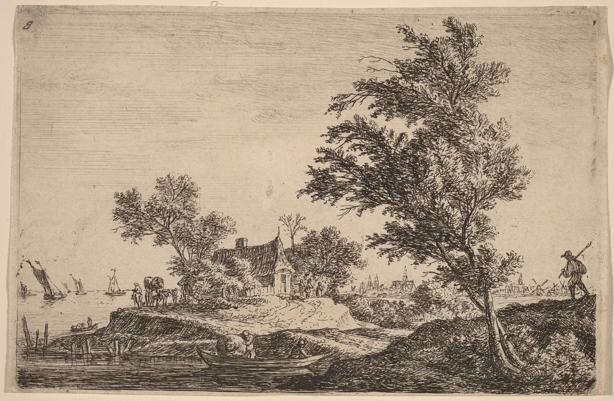 Traveler Passing Two Large Trees by Anthonie Waterloo, print, 1609-1690