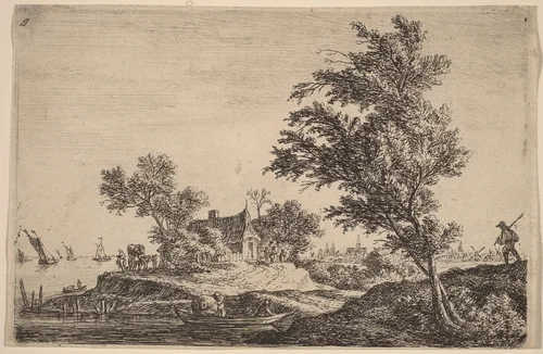 Traveler Passing Two Large Trees by Anthonie Waterloo, print, 1609-1690