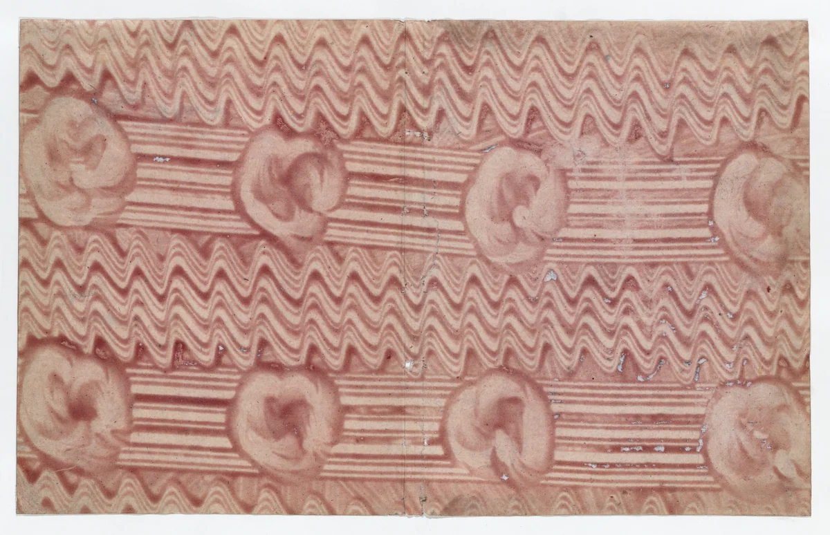 Book cover with overall red curved line pattern by anonymous, print, 1800-1900