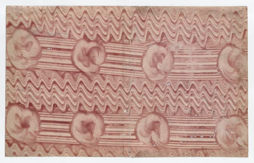 Book cover with overall red curved line pattern by anonymous, print, 1800-1900