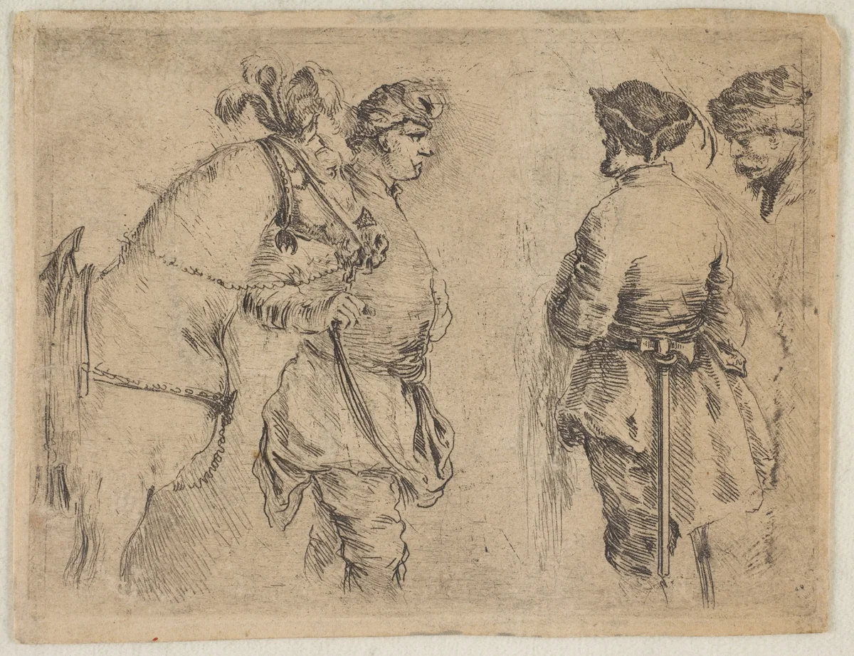 A Pole Holding a Horse by the Bridle by Stefano della Bella, print, 1657-1667