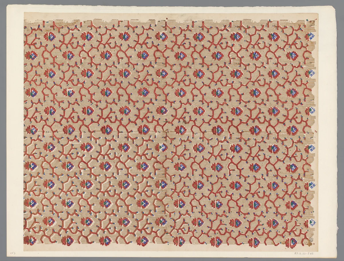 Blad met strooipatroon van fantasiemotief tussen gestileerde ranken met een onderbroken lijnenfond by anonymous, print, 1800-1900