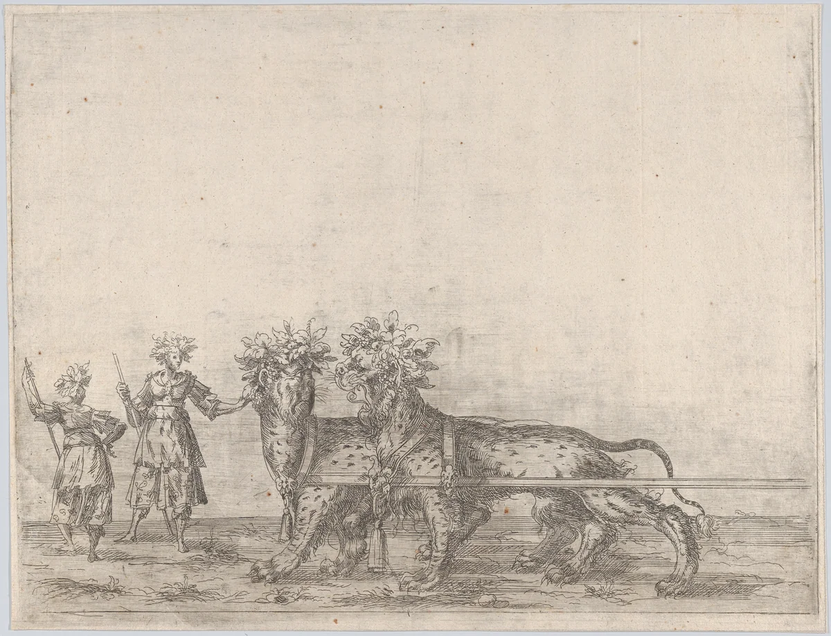 Procession, with two figures and two lions by anonymous, print, 1500-1599