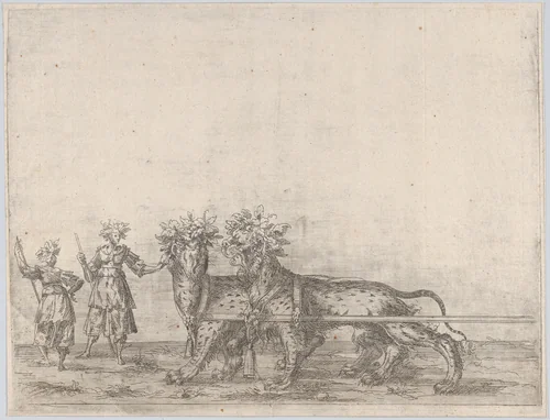 Procession, with two figures and two lions by anonymous, print, 1500-1599