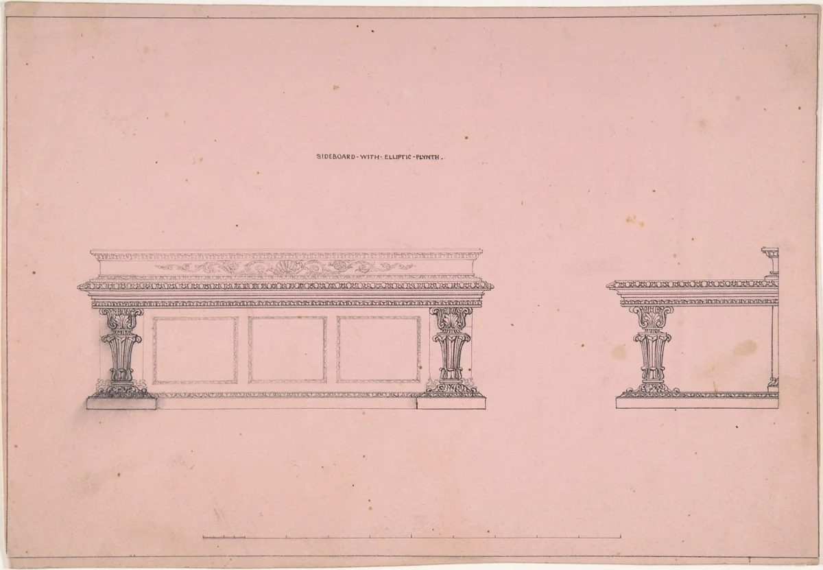 Designs for Sideboard with Elliptic Plinth by Robert William Hume, drawing, 1835-1900