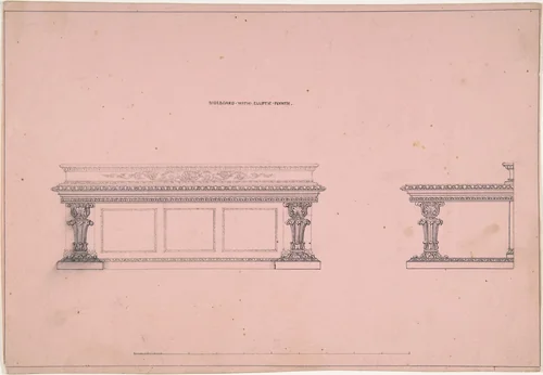 Designs for Sideboard with Elliptic Plinth by Robert William Hume, drawing, 1835-1900