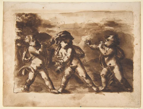 Three Dancing Putti by Leonardo Scaglia, drawing, 1640-1650