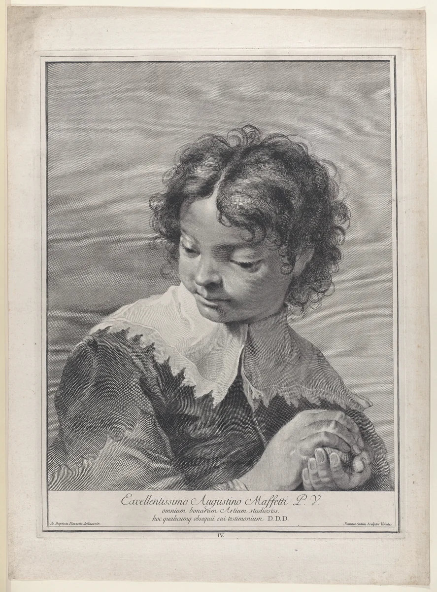 Plate 4: Boy with a lace collar holding a piece of fruit in his hands; from 'Icones ad vivum expressae' after Giovanni Battista Piazzetta by Giovanni Cattini, print, 1743