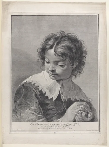 Plate 4: Boy with a lace collar holding a piece of fruit in his hands; from 'Icones ad vivum expressae' after Giovanni Battista Piazzetta by Giovanni Cattini, print, 1743