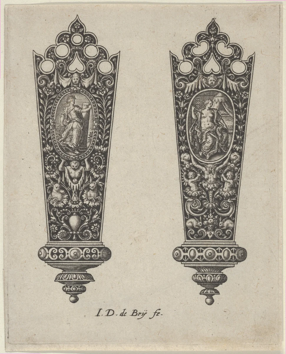 Design for Knife Handles with Ovals Containing Fortitude and the Death of Lucretia by Johann Theodor de Bry, print, 1580-1600
