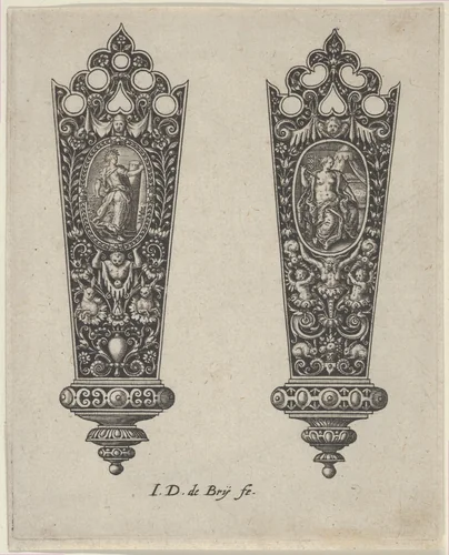 Design for Knife Handles with Ovals Containing Fortitude and the Death of Lucretia by Johann Theodor de Bry, print, 1580-1600