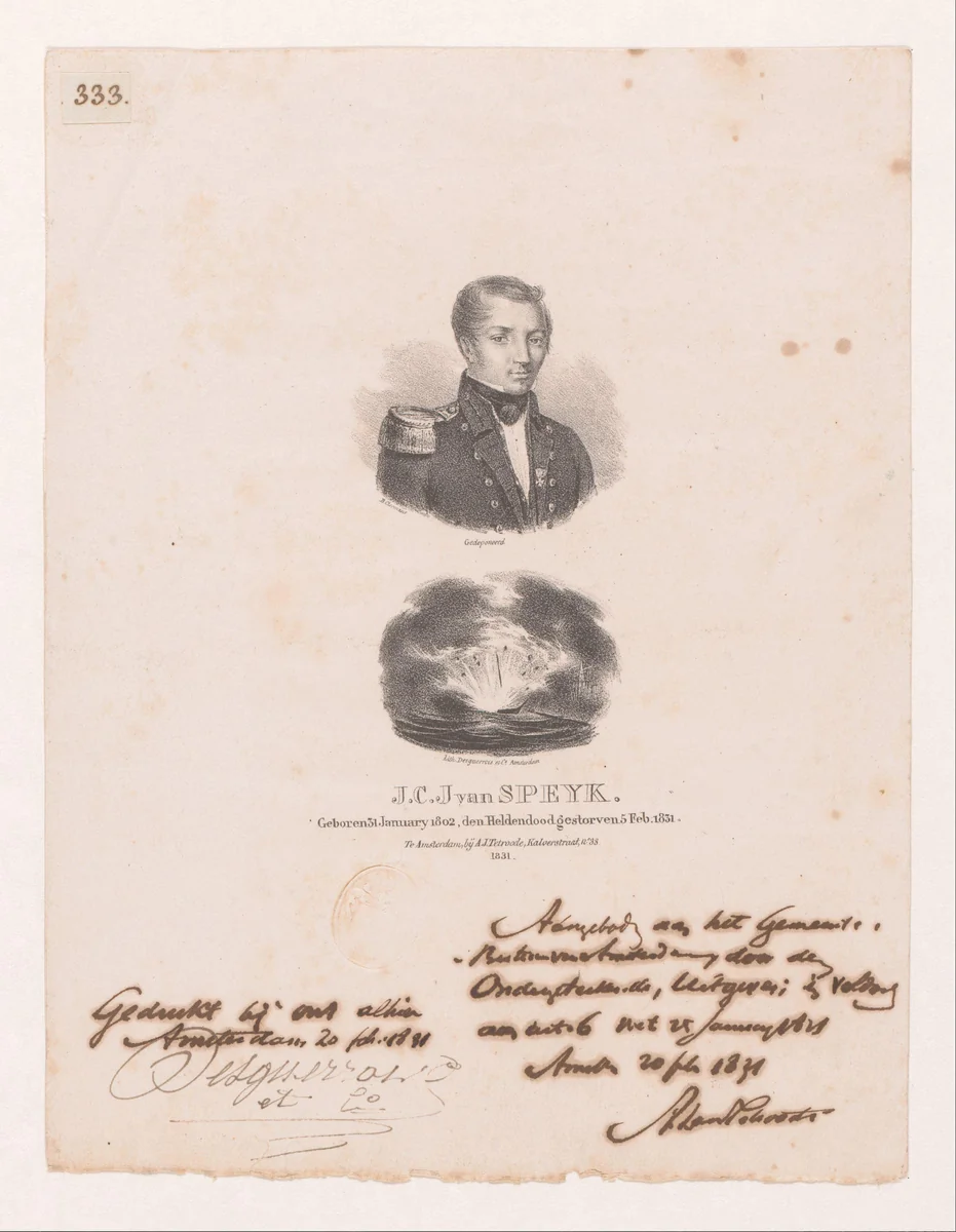 Portret van Jan van Speyk en vignet by J.B. Clermans, print, 1831