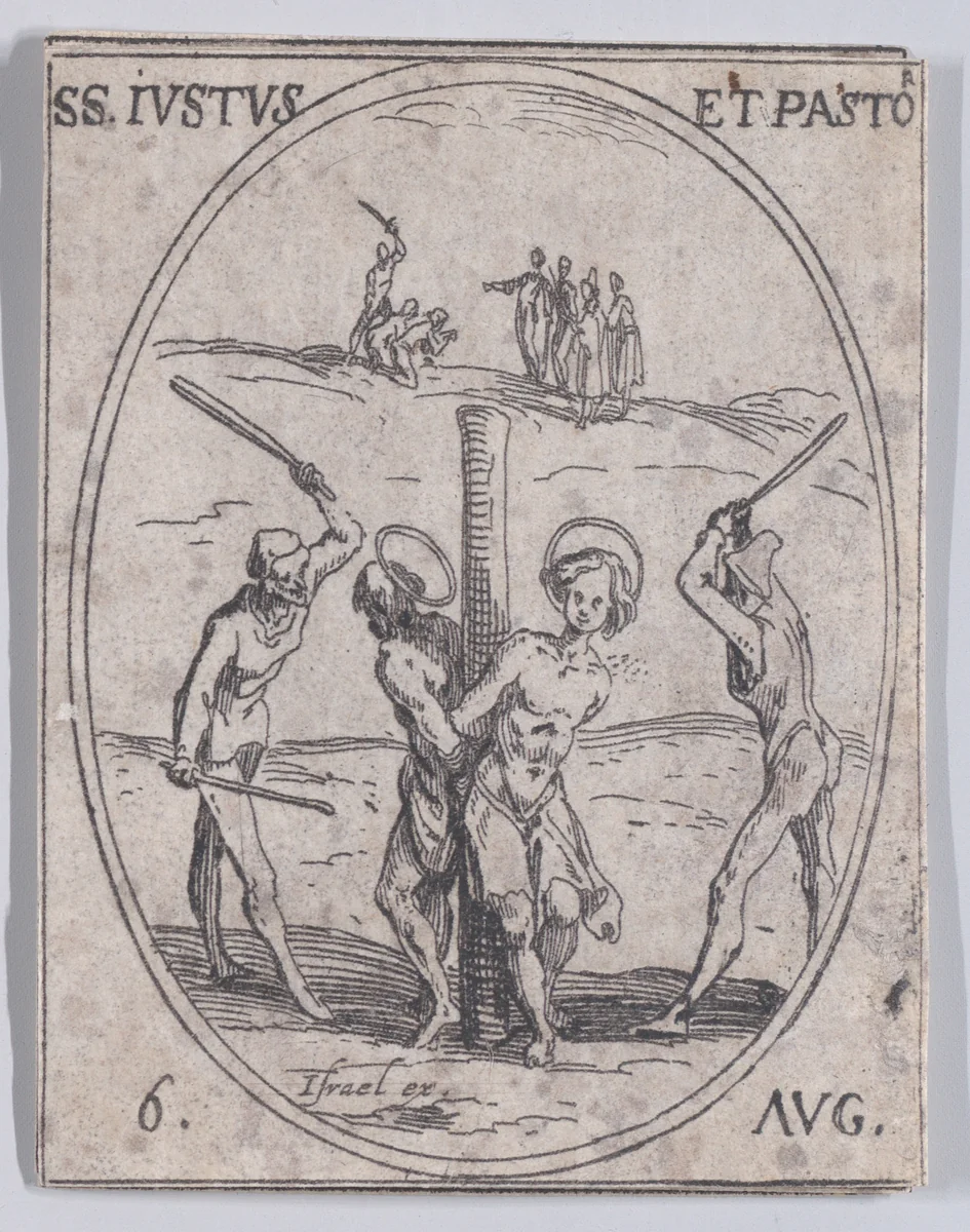S. Juste et S. Pastor (St. Justus and St. Pastor), August 6th, from "Les Images De Tous Les Saincts et Saintes de L'Année" (Images of All of the Saints and Religious Events of the Year) by Jacques Callot, print, 1636