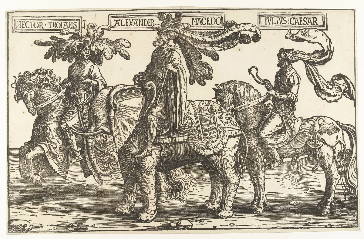 De helden Hector van Troje, Alexander de Grote en Julius Caesar by Lucas van Leyden, print, 1518-1522