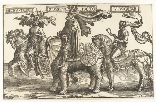 De helden Hector van Troje, Alexander de Grote en Julius Caesar by Lucas van Leyden, print, 1518-1522