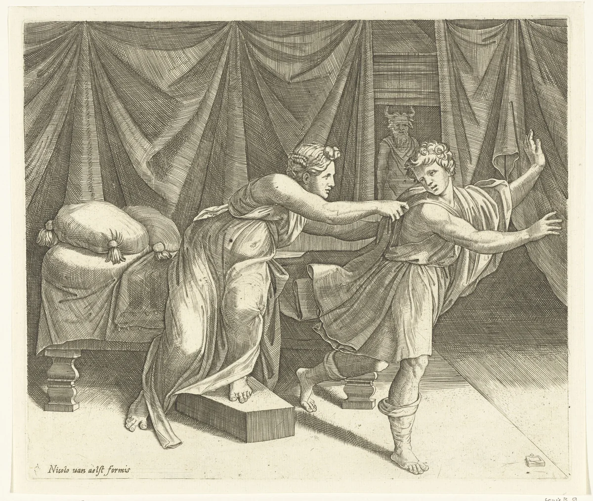 Jozef en de vrouw van Potifar by Unknown, print, 1536-1613
