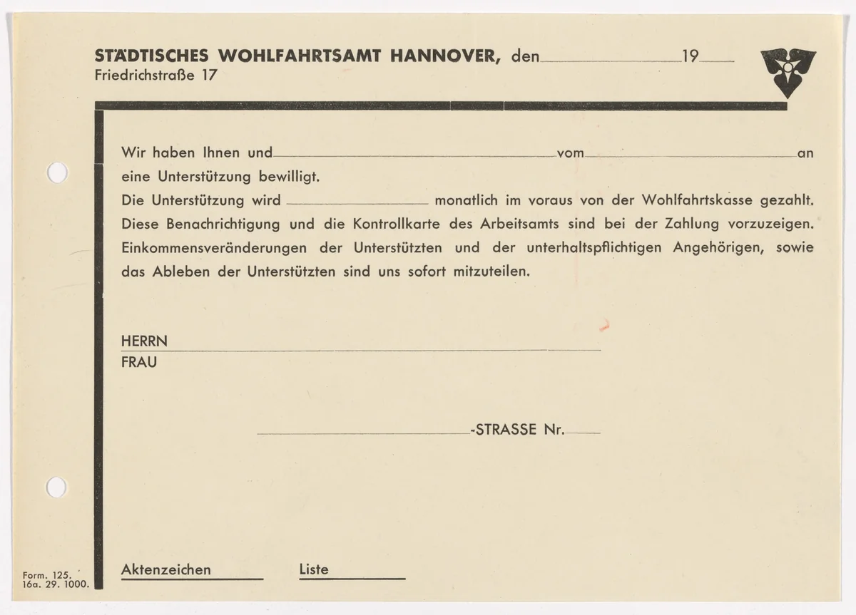 Stationery payment allotment from the State Welfare Office (Stadtisches Wohlfartsamt) by Kurt Schwitters, design, 1930