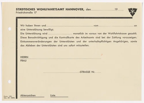 Stationery payment allotment from the State Welfare Office (Stadtisches Wohlfartsamt) by Kurt Schwitters, design, 1930