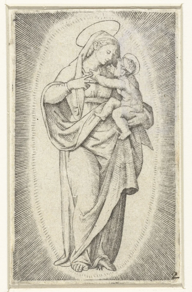 Maria met kind in stralenkrans by Marcantonio Raimondi, print, 1500-1527