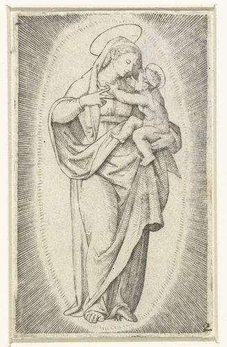 Maria met kind in stralenkrans by Marcantonio Raimondi, print, 1500-1527