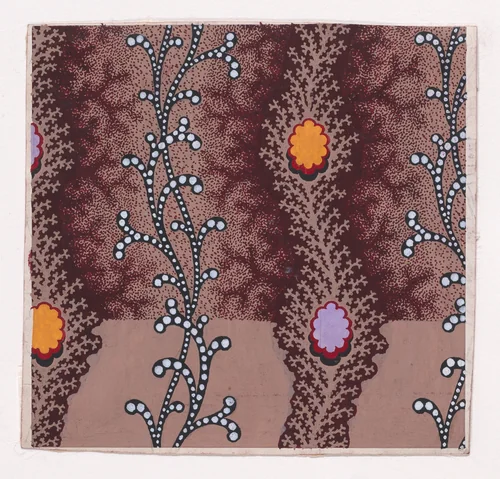 Textile Design with Alternating Vertical Scrolls Decorated with Pearls and Undulating Garlands of Branches Decorated with Rosettes and with Offsetting Branches by anonymous, drawing, 1840