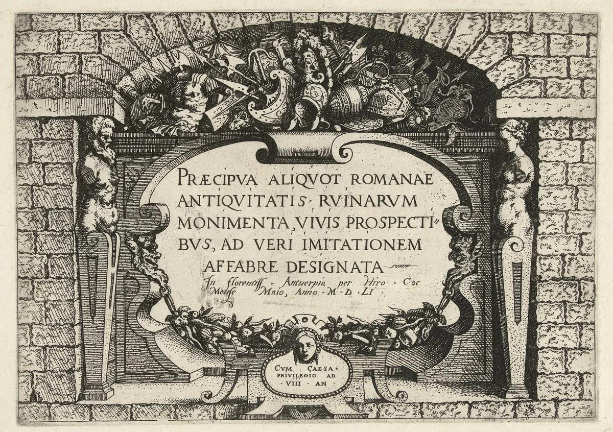 Titelprent voor een serie van Romeinse ruïnes by Hieronymus Cock, print, 1551