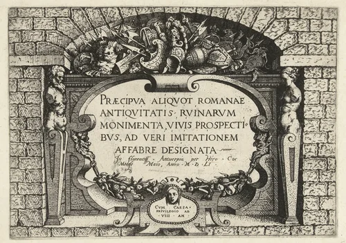 Titelprent voor een serie van Romeinse ruïnes by Hieronymus Cock, print, 1551