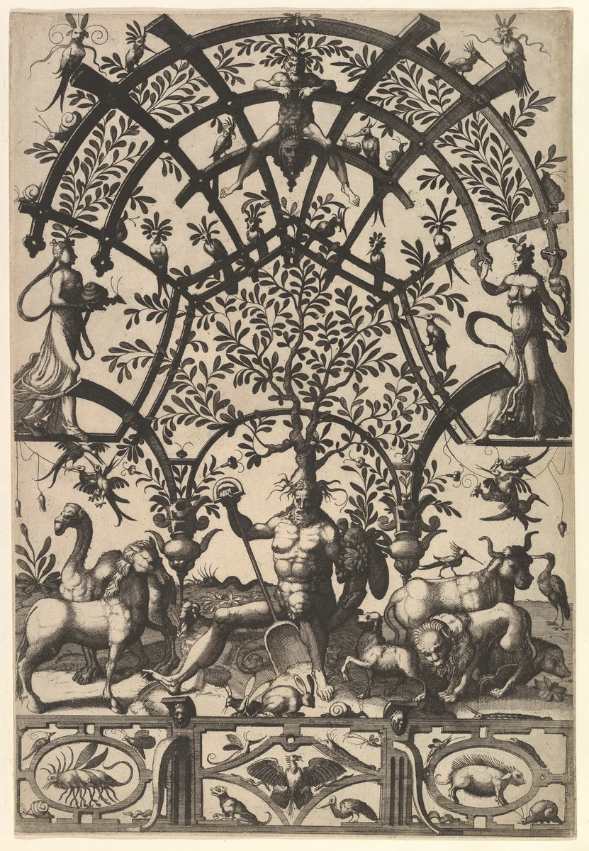 Personification of Earth, with Spade and Horn, Supporting a Tree and Lattice on His Head, A Frieze underneath from Veelderleij niewe inventien van antijckesche sepultueren diemen nou zeere ghebruijkende is met noch zeer fraeije grotissen en compertimenten zeer beqwame voer beeltsniders antijcksniders schilders en all constenaers...Libro Secundo by Johannes van Doetecum, book, 1557