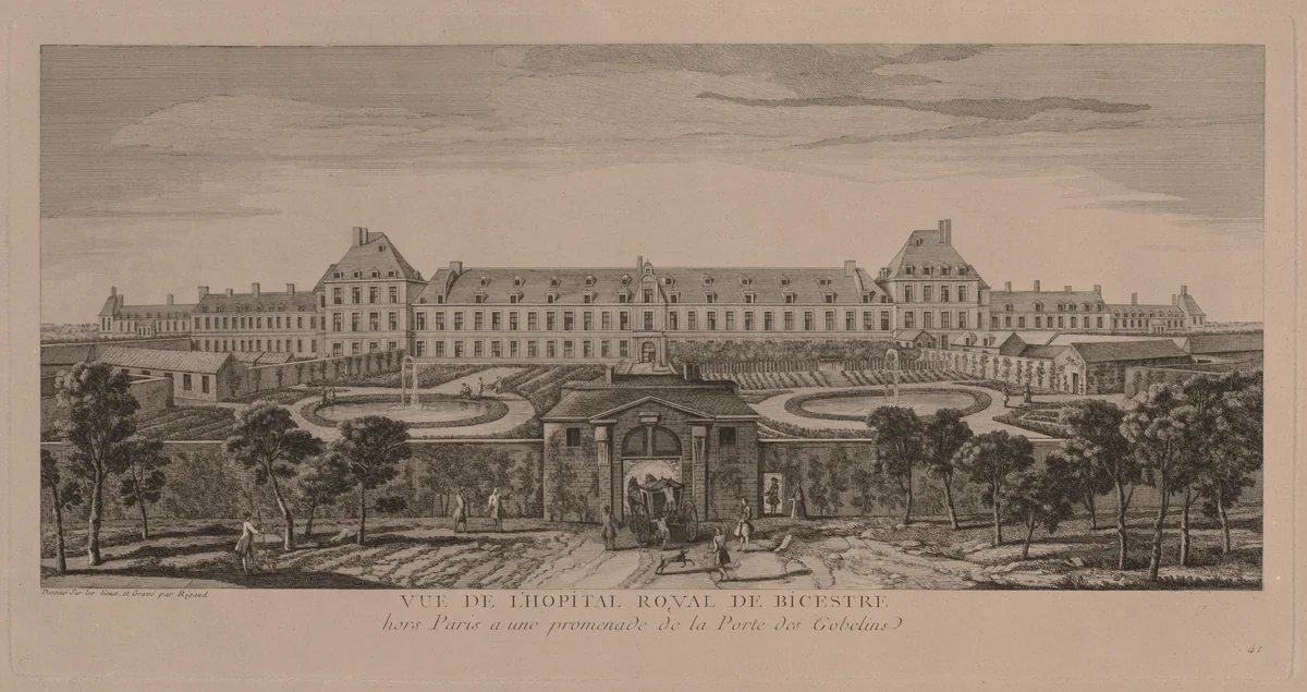 The Royal Hospital of Bicestre by Jacques Rigaud, print, 1700-1754