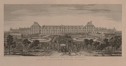 The Royal Hospital of Bicestre by Jacques Rigaud, print, 1700-1754