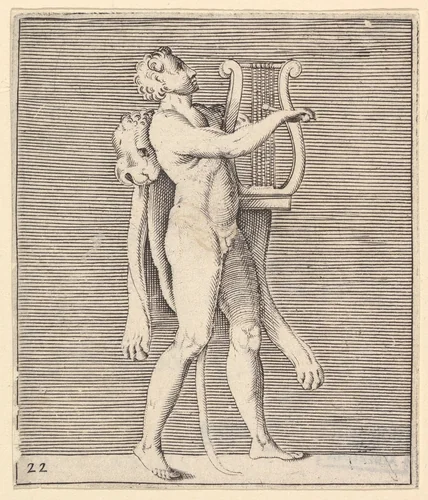 Hercules playing a lyre, a lionskin draped over his shoulder, from "Ex Antiquis Cameorum et Gemmae Delineata/ Liber Secundus/et ab Enea Vico Parmen Incis" by anonymous, print, 1599-1622