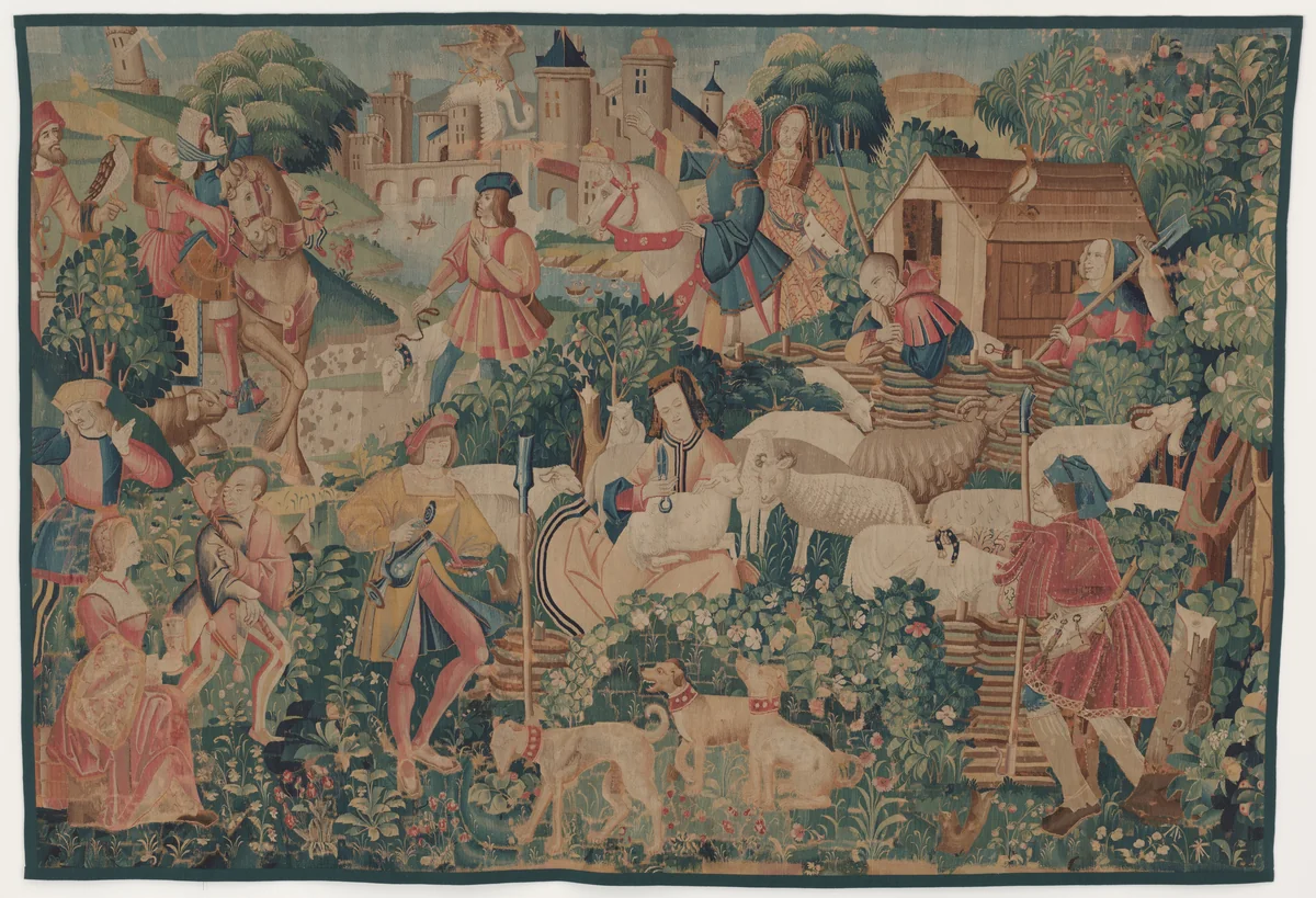 Hunting and Pastoral Scenes, with a shepherdess shearing by Unknown 16th Century Workshop, decorative art, 1510
